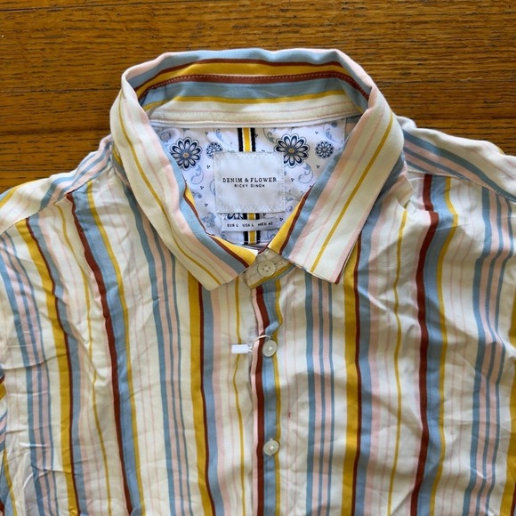 New Denim & Flower Striped Shirt‎ Short Sleeve Button Up Casual Colorful Mens L - Picture 2 of 6
